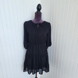 Speechless Women's Black Swiss Dot Tie Neck Mini 3/4 Sleeve Dress Sz S